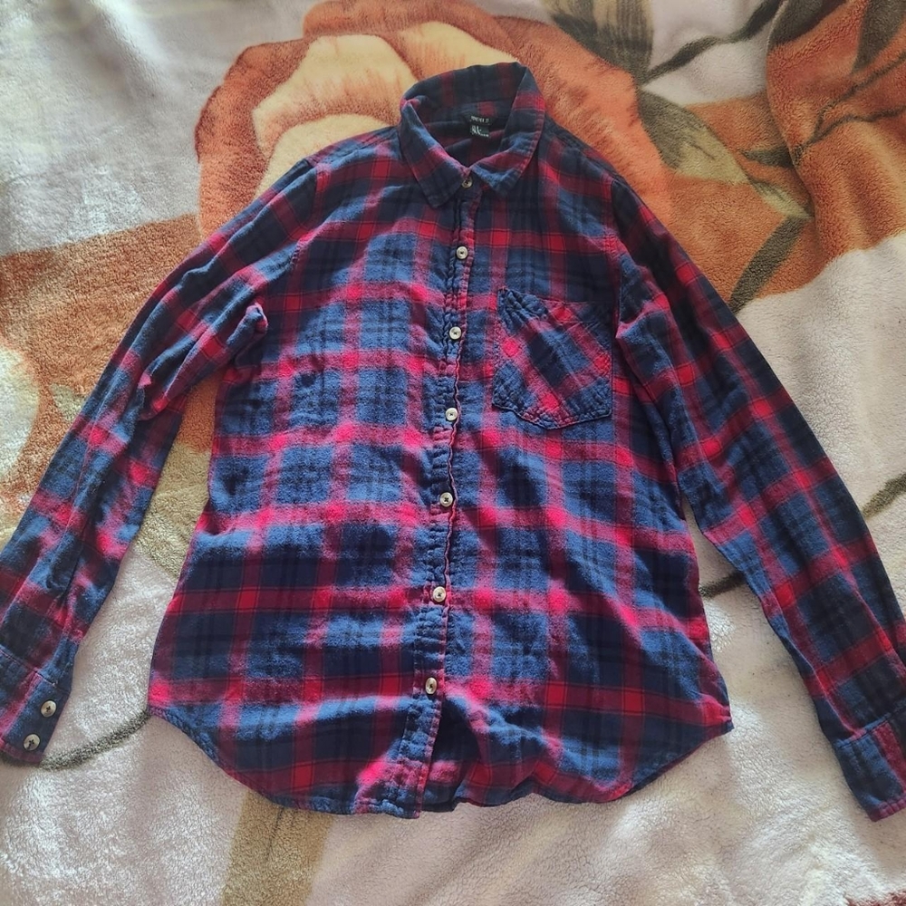 red and dark blue flannel with brown & beige buttons
